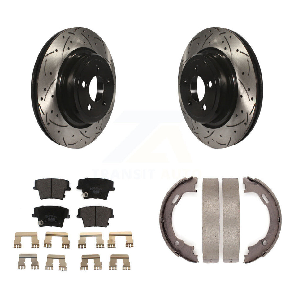 Rear Disc Drilled & Slotted Rotors Ceramic Pads Parking Brake Shoes Kit For Dodge Charger KDT-101455