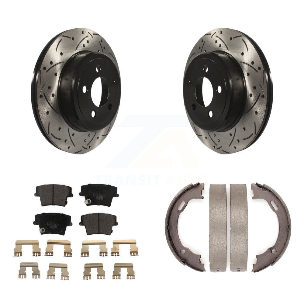 Rear Disc Drilled & Slotted Rotors Ceramic Pads Parking Shoes Kit For Dodge Chrysler 300 KDT-101456