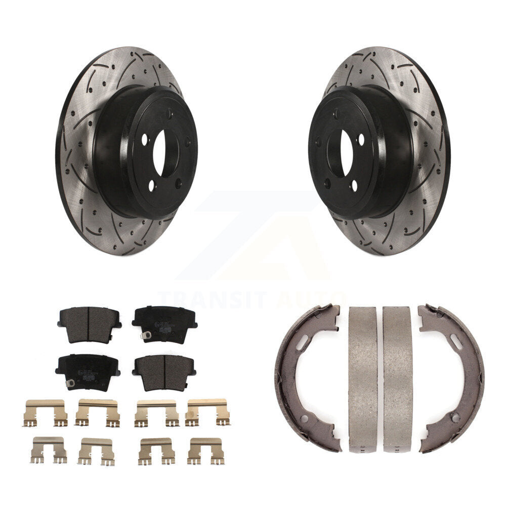 Rear Disc Drilled & Slotted Rotors Ceramic Pads Parking Shoes Kit For Dodge Chrysler 300 KDT-101457