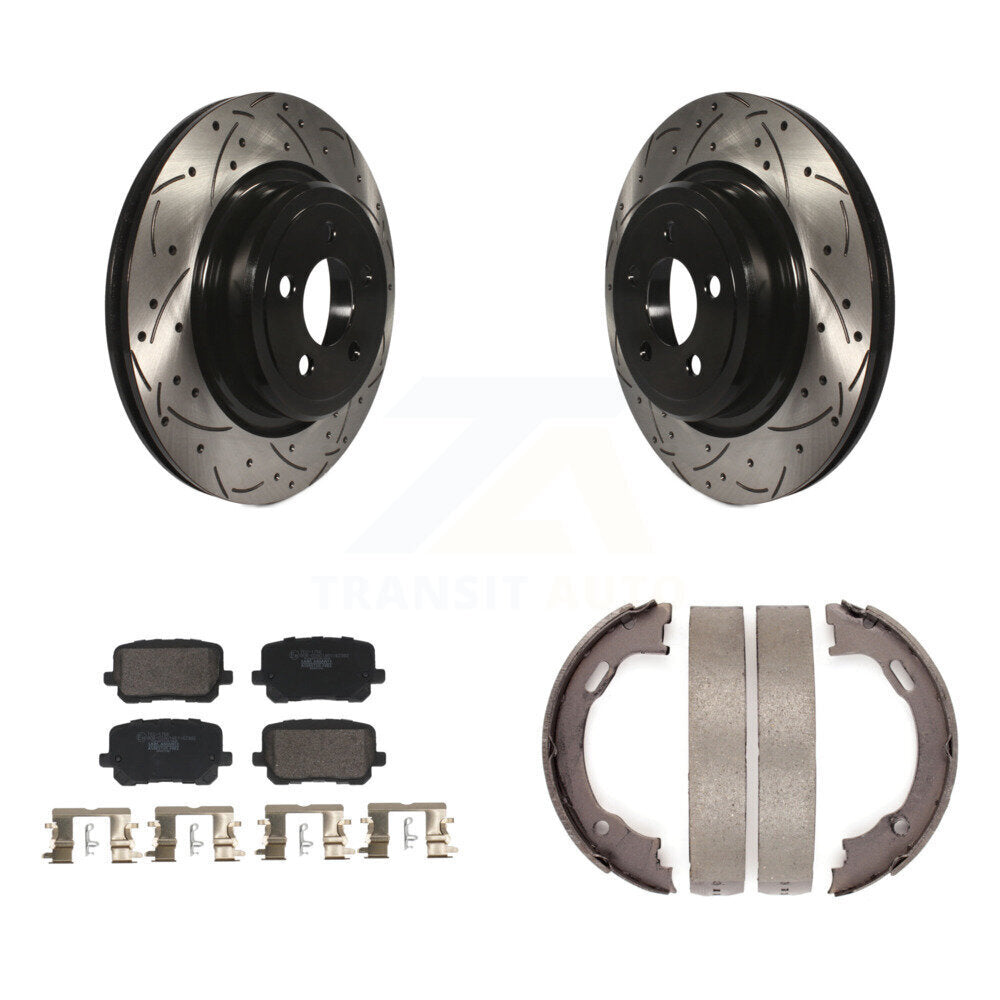 Rear Disc Drilled & Slotted Rotors Ceramic Pads Parking Brake Shoes Kit For Dodge Charger KDT-101459