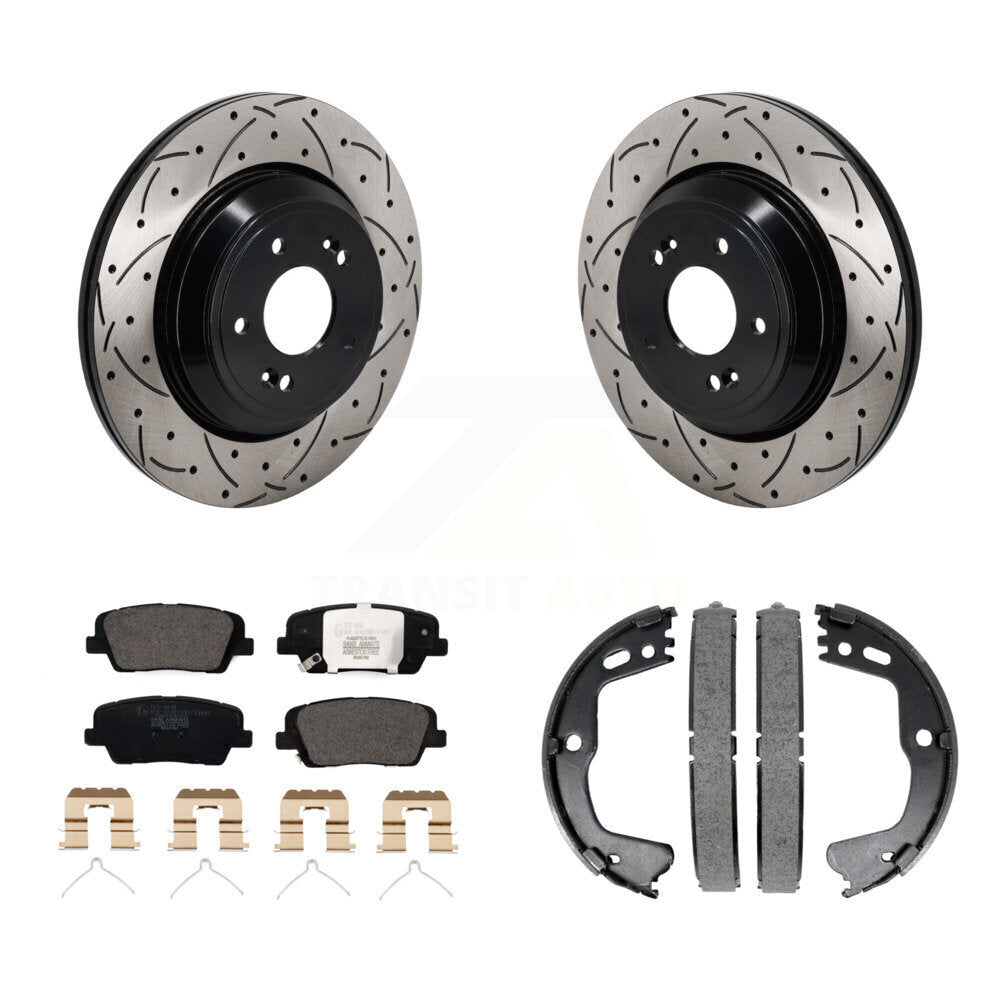 Rear Disc Drilled & Slotted Rotors Ceramic Pads Parking Shoes Kit For Genesis G80 3.3L KDT-101461