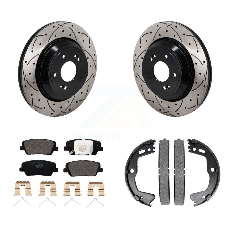 Rear Disc Drilled & Slotted Rotors Ceramic Pads Parking Shoes Kit For Genesis G80 3.3L KDT-101461