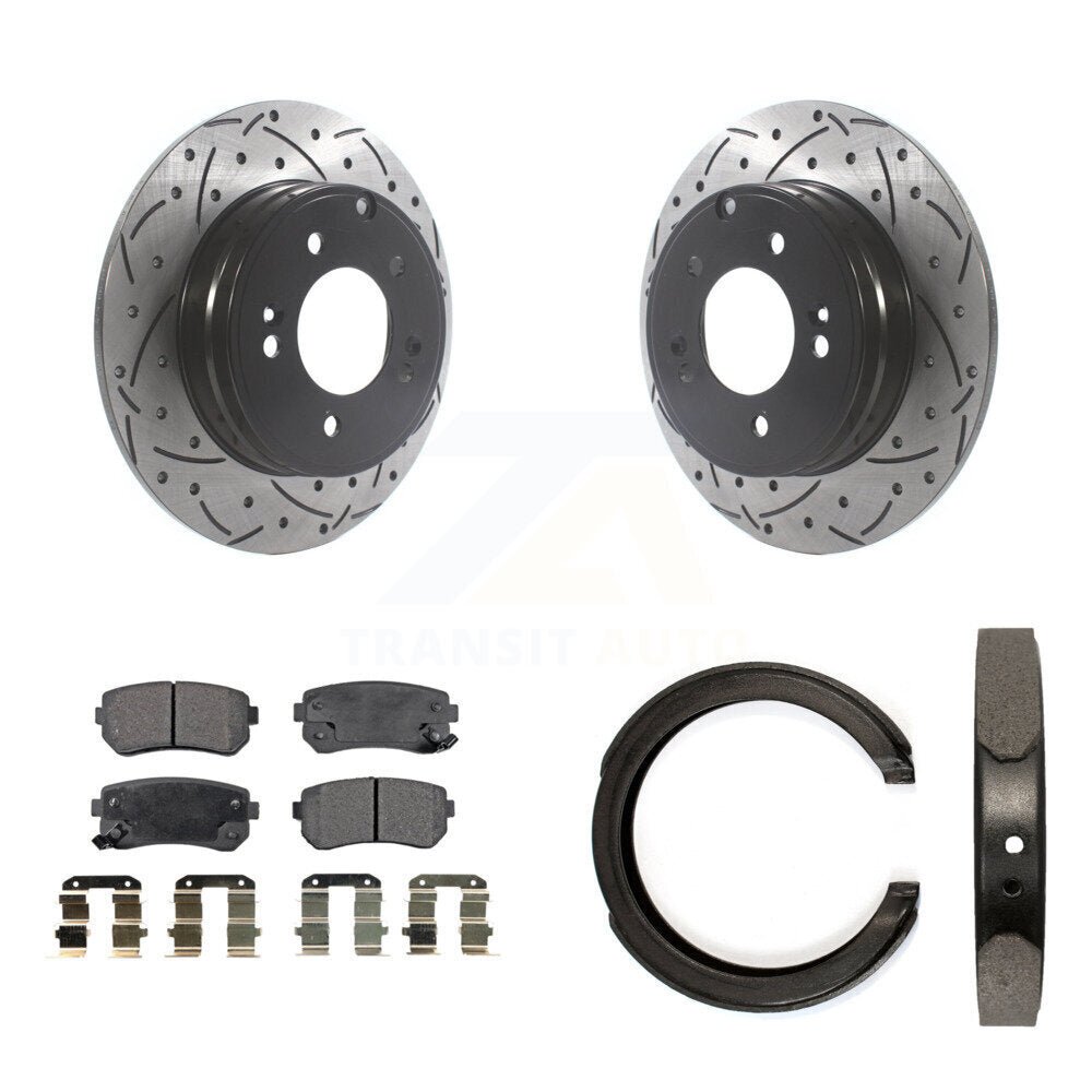 Rear Disc Drilled & Slotted Rotors Ceramic Pads Parking Shoes Kit For Hyundai Tucson Kia KDT-101463