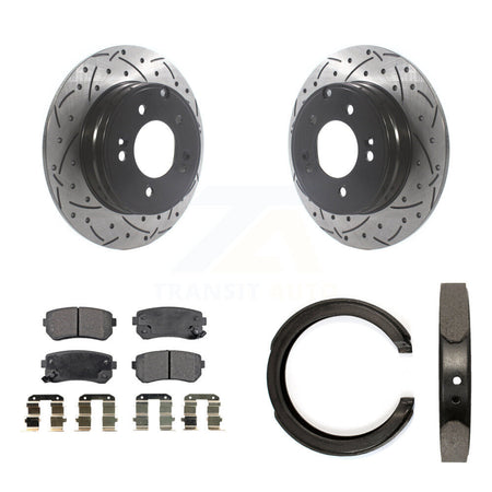 Rear Disc Drilled & Slotted Rotors Ceramic Pads Parking Shoes Kit For Hyundai Tucson Kia KDT-101463