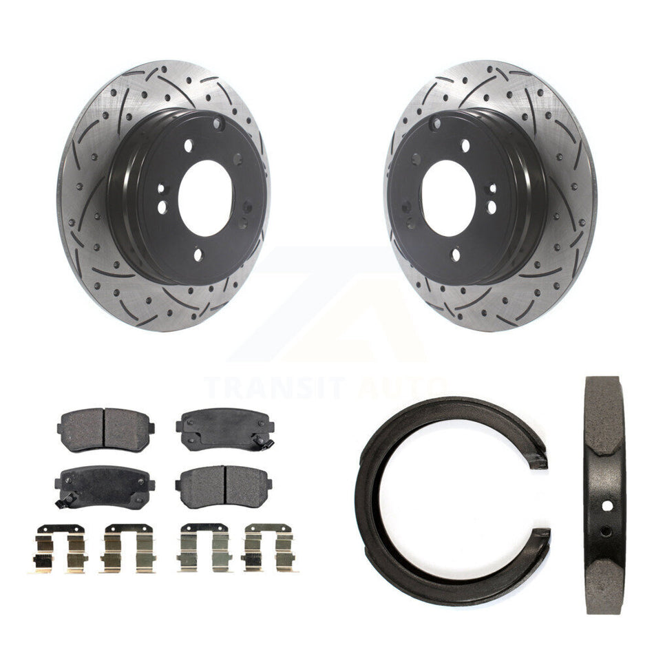 Rear Disc Drilled & Slotted Rotors Ceramic Pads Parking Shoes Kit For Hyundai Tucson Kia KDT-101463
