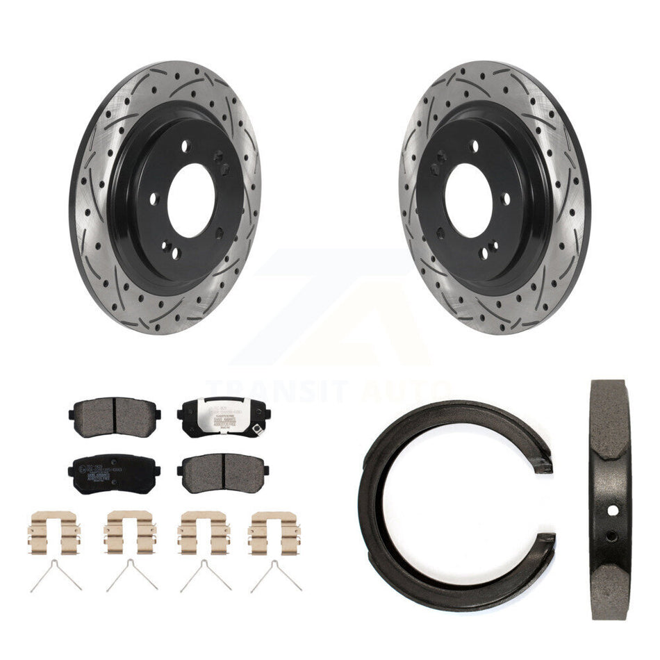 Rear Disc Drilled & Slotted Rotors Ceramic Pads Parking Brake Shoes Kit For Kia Optima KDT-101465