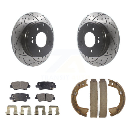 Rear Disc Drilled & Slotted Rotors Ceramic Pads Parking Shoes Kit For Hyundai Sonata Kia KDT-101466