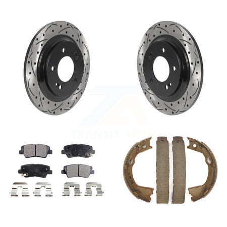 Rear Disc Drilled & Slotted Rotors Ceramic Pads Parking Brake Shoes Kit For Kia Optima KDT-101468