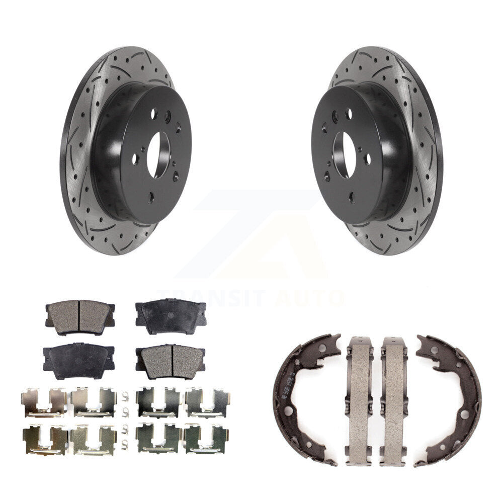 Rear Disc Drilled & Slotted Rotors Ceramic Pads Parking Brake Shoes Kit For Toyota Camry KDT-101470
