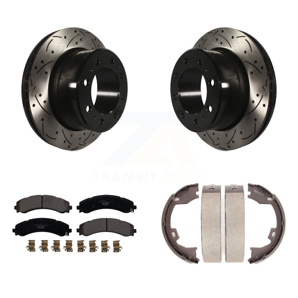 Rear Disc Drilled & Slotted Rotors Ceramic Pads And Parking Brake Shoes Kit For Ram 3500 KDT-101473