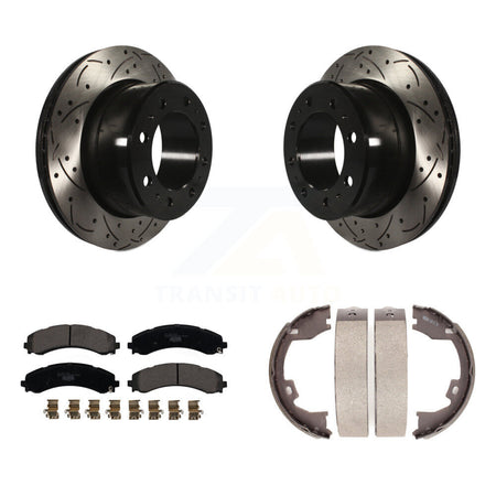 Rear Disc Drilled & Slotted Rotors Ceramic Pads And Parking Brake Shoes Kit For Ram 3500 KDT-101473