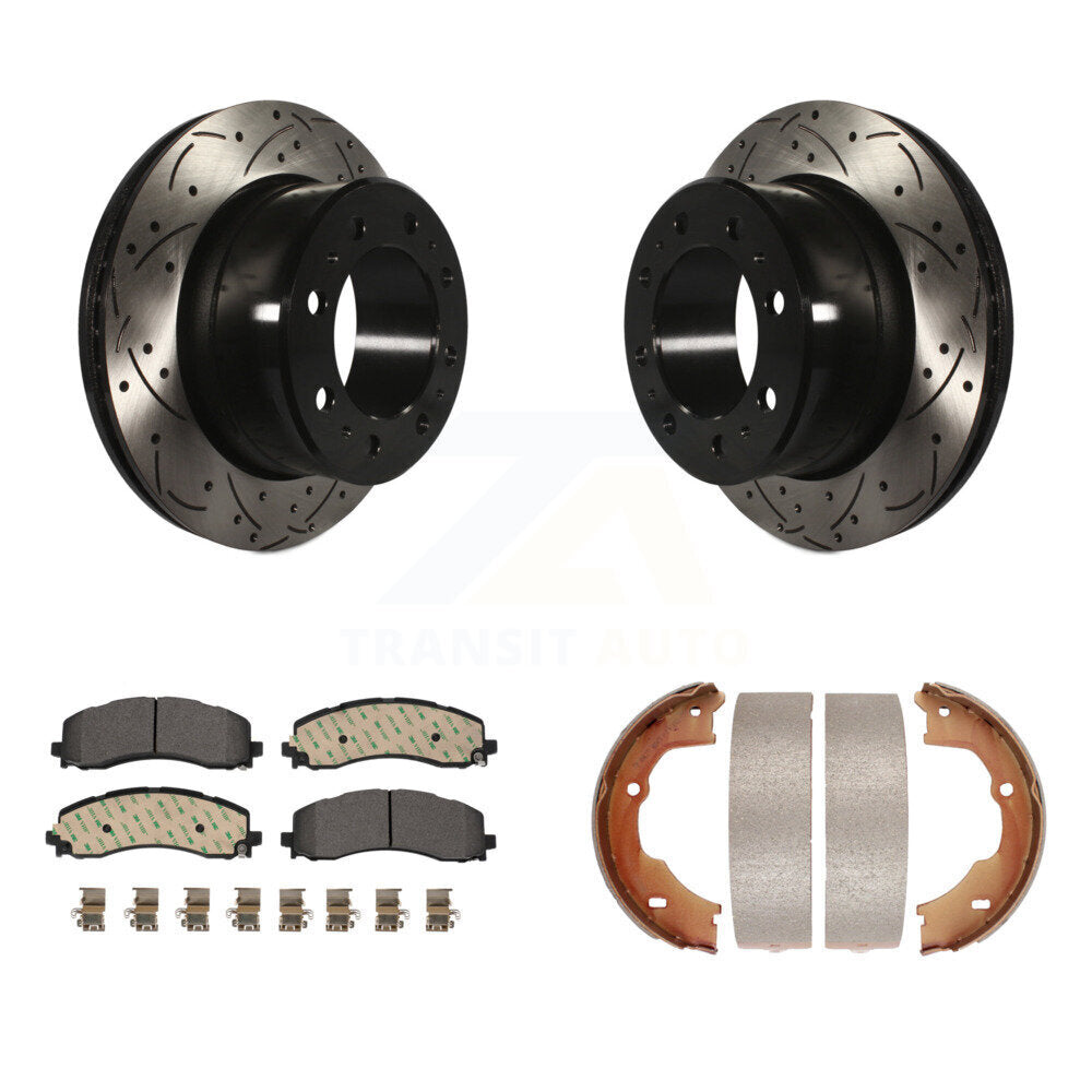 Rear Disc Drilled & Slotted Rotors Ceramic Pads And Parking Brake Shoes Kit For Ram 3500 KDT-101474