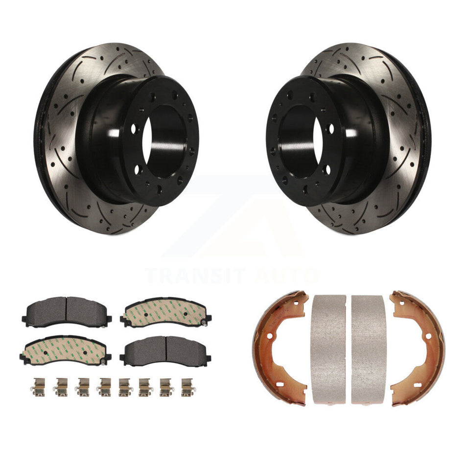 Rear Disc Drilled & Slotted Rotors Ceramic Pads And Parking Brake Shoes Kit For Ram 3500 KDT-101474
