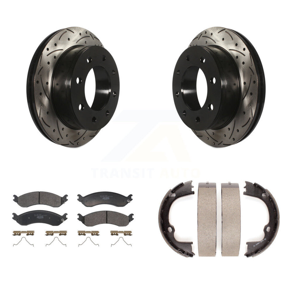 Rear Disc Drilled & Slotted Rotors Ceramic Pads Parking Shoes Kit For GMC Chevrolet 2500 KDT-101475