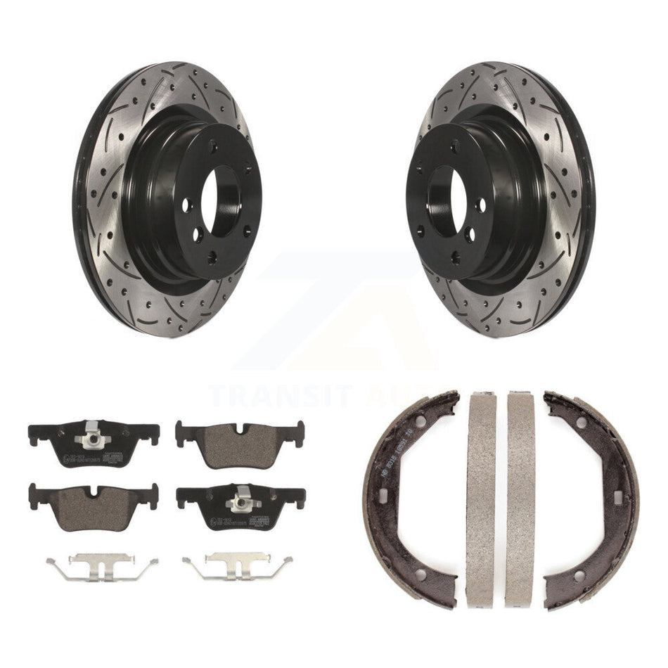 Rear Disc Drilled & Slotted Rotors Ceramic Pads And Parking Brake Shoes Kit For BMW 328i KDT-101477