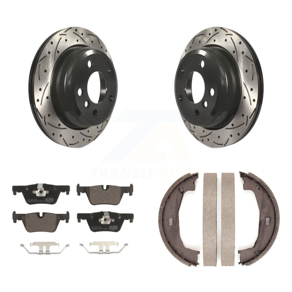 Rear Disc Drilled & Slotted Rotors Ceramic Pads And Parking Shoes Kit For BMW 320i xDrive KDT-101485