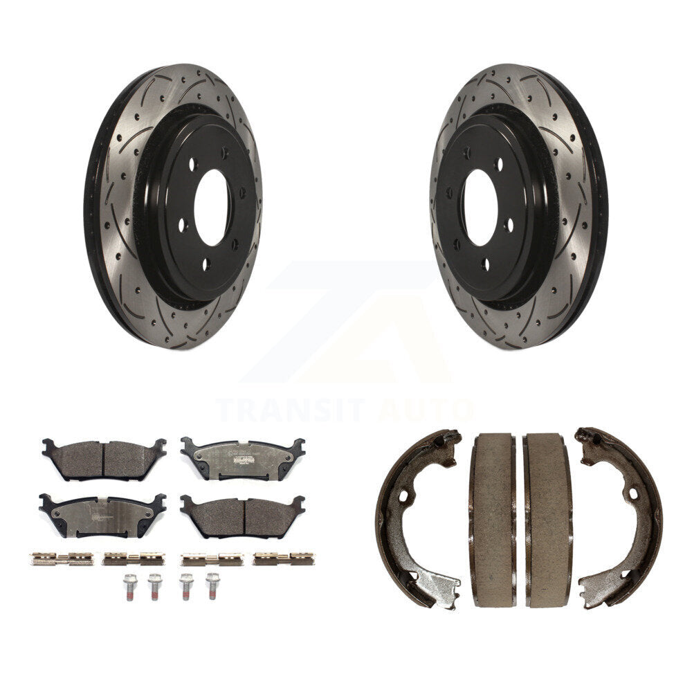 Rear Disc Drilled & Slotted Rotors Ceramic Pads Parking Brake Shoes Kit For Ford F-150 KDT-101489