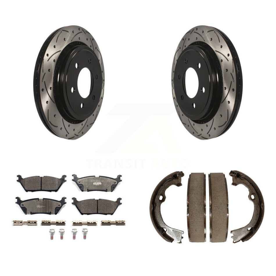 Rear Disc Drilled & Slotted Rotors Ceramic Pads Parking Brake Shoes Kit For Ford F-150 KDT-101489