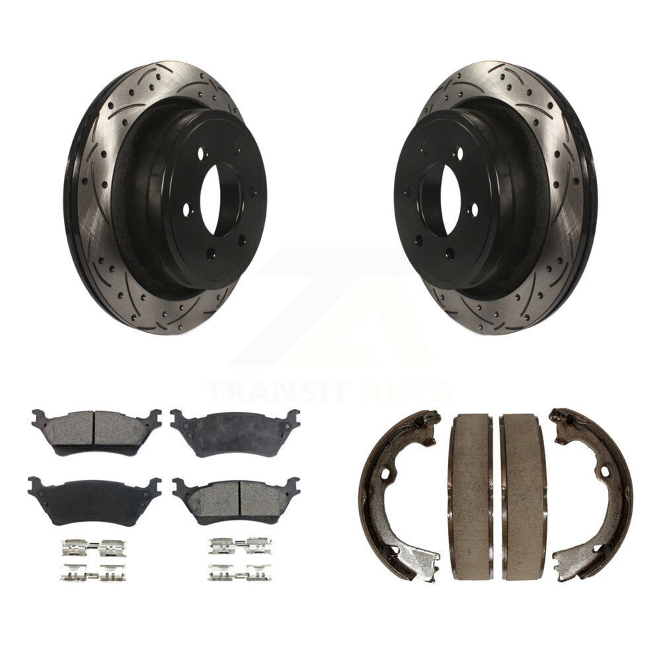 Rear Disc Drilled & Slotted Rotors Ceramic Pads Parking Brake Shoes Kit For Ford F-150 KDT-101490