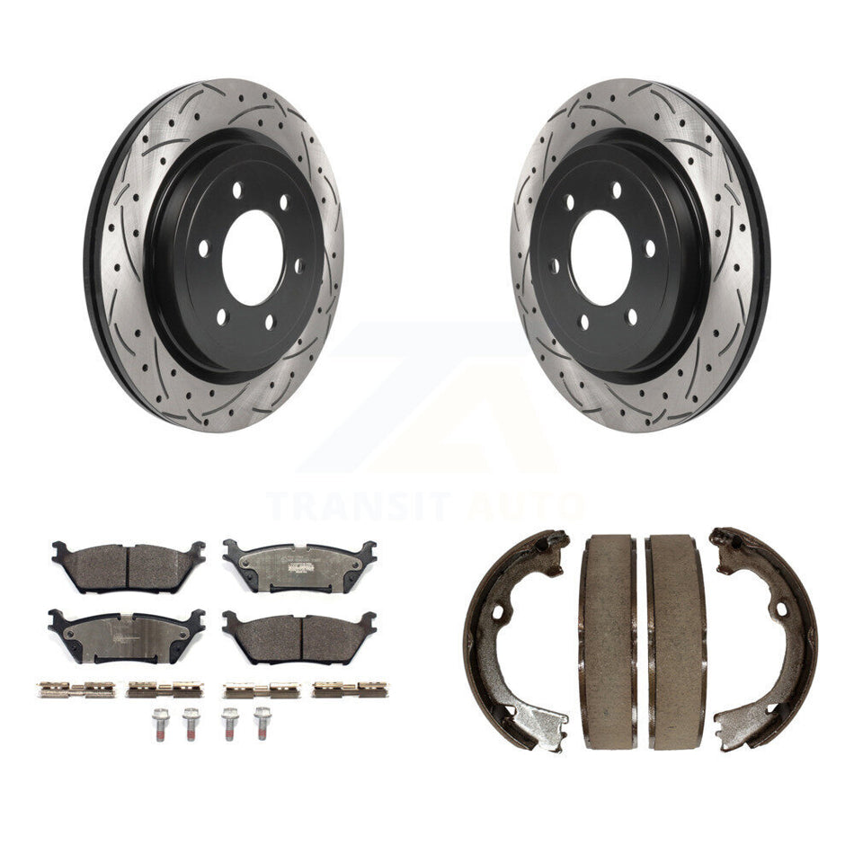 Rear Disc Drilled & Slotted Rotors Ceramic Pads Parking Brake Shoes Kit For Ford F-150 KDT-101491