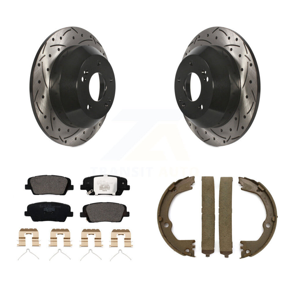 Rear Disc Drilled & Slotted Rotors Ceramic Pads Parking Brake Shoes Kit For Kia Sorento KDT-101492