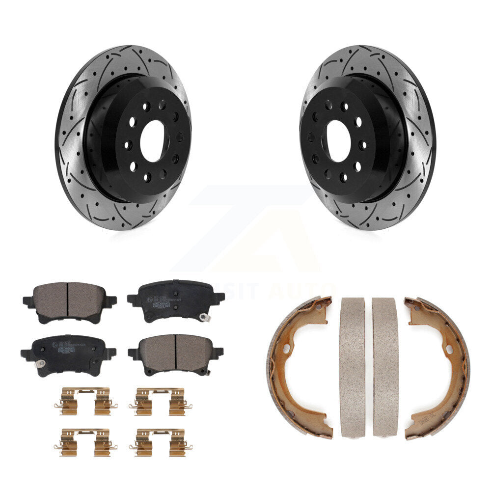Rear Disc Drilled & Slotted Rotors Ceramic Pads Parking Brake Shoes Kit For Jeep Wrangler KDT-101494
