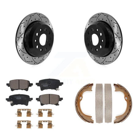 Rear Disc Drilled & Slotted Rotors Ceramic Pads Parking Brake Shoes Kit For Jeep Wrangler KDT-101494