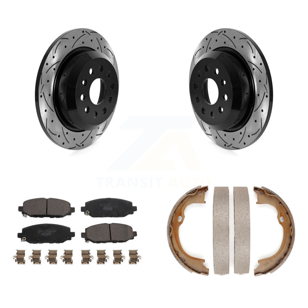 Rear Disc Drilled & Slotted Rotors Ceramic Pads Parking Brake Shoes Kit For Jeep Wrangler KDT-101495