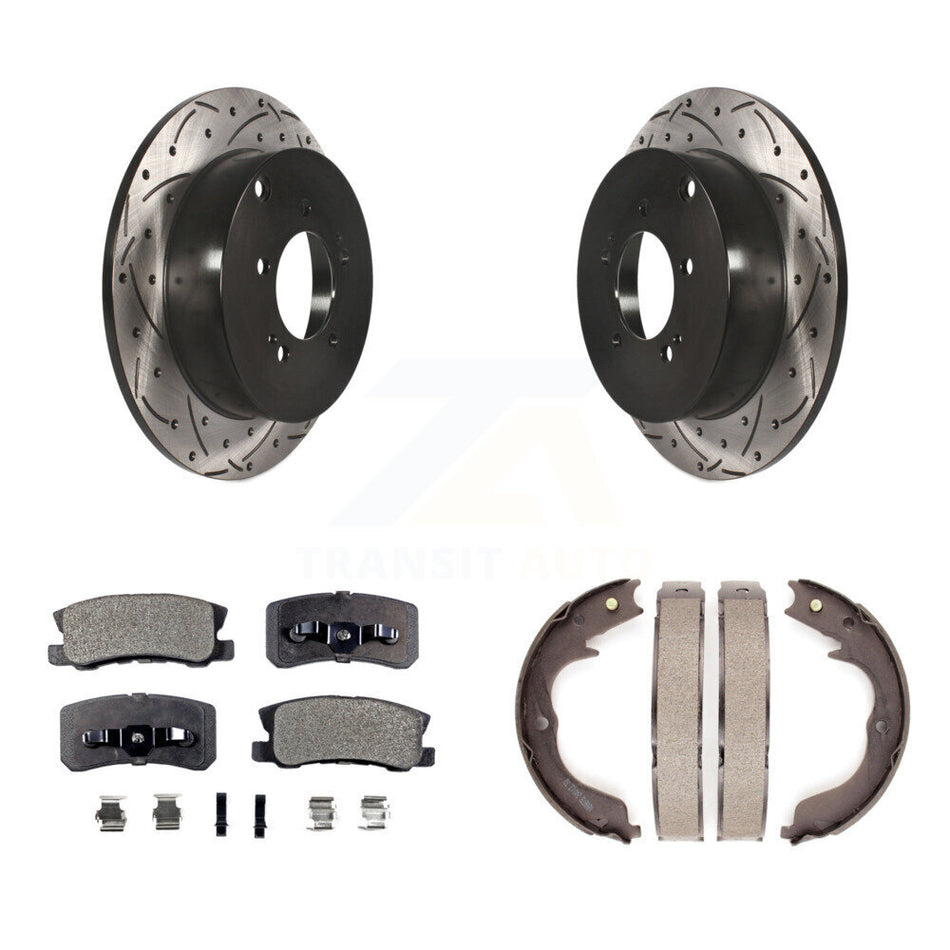 Rear Disc Drilled & Slotted Rotors Ceramic Pads Parking Shoes Kit For Mitsubishi Lancer KDT-101499