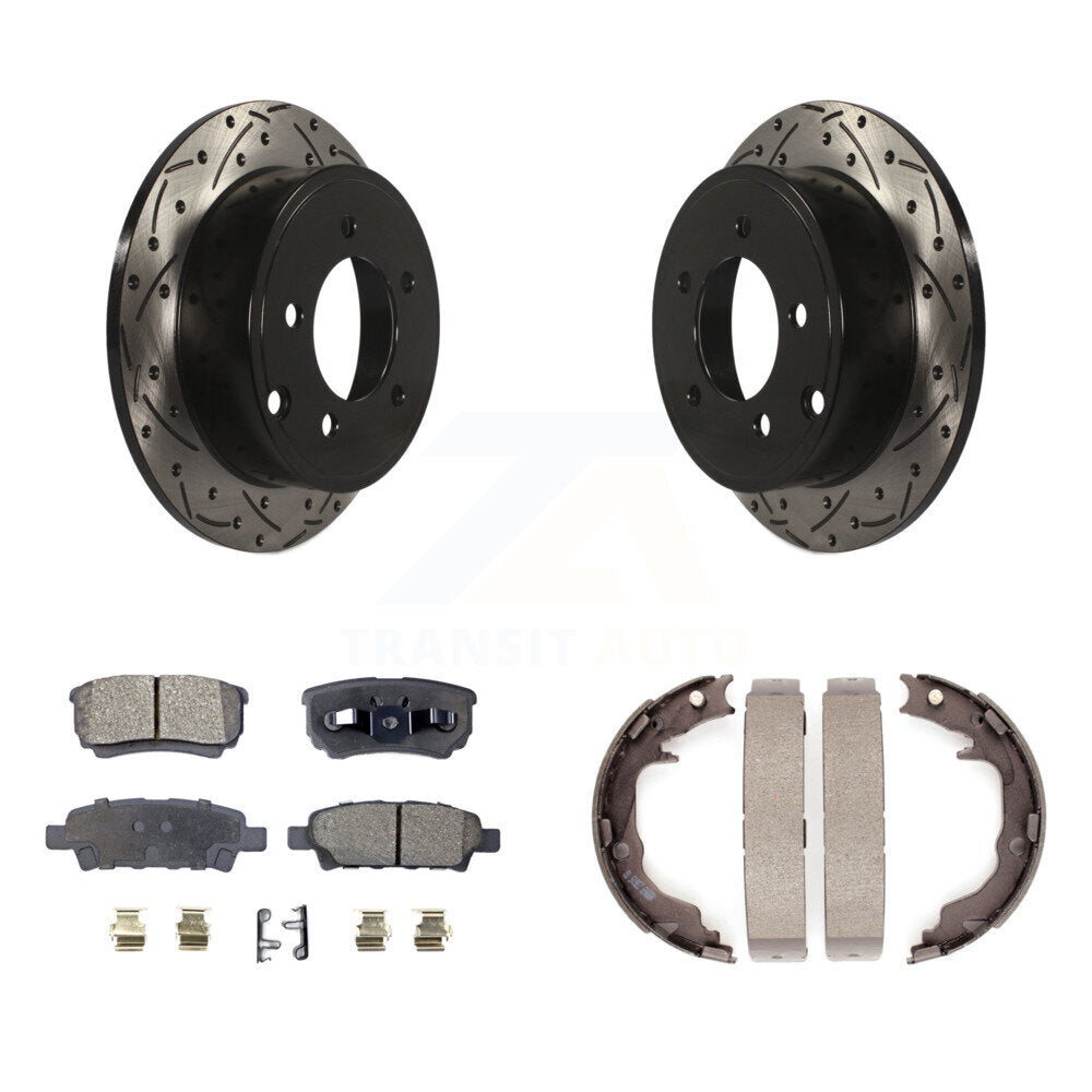 Rear Disc Drilled & Slotted Rotors Ceramic Pads Parking Shoes Kit For Jeep Patriot Dodge KDT-101500