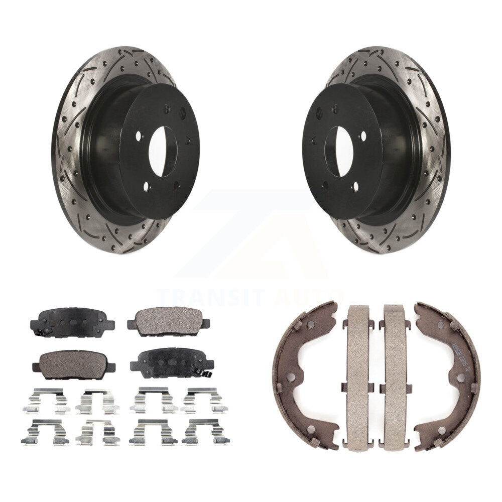Rear Disc Drilled & Slotted Rotors Ceramic Pads Parking Brake Shoes Kit For Nissan Altima KDT-101502