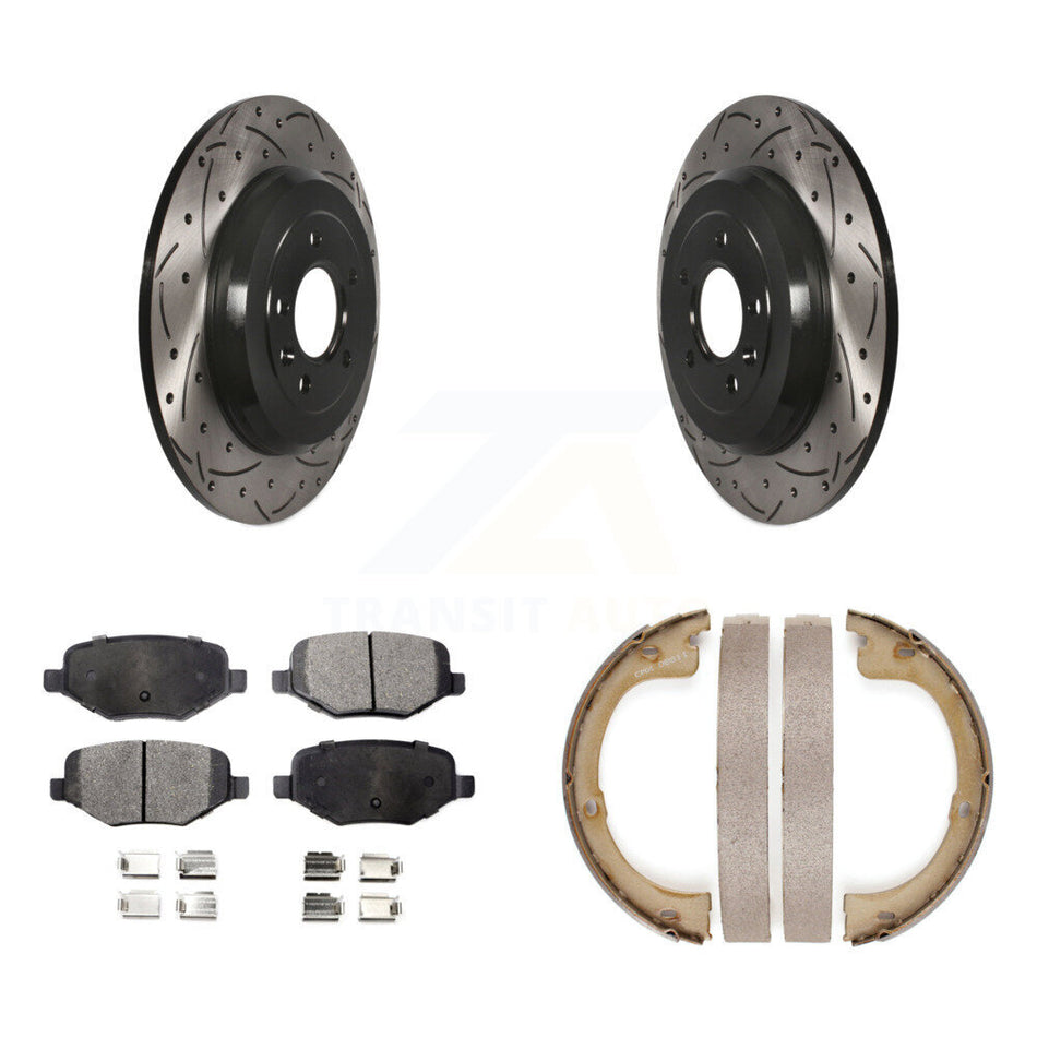 Rear Disc Drilled & Slotted Rotors Ceramic Pads Parking Brake Shoes Kit For Lincoln MKT KDT-101504