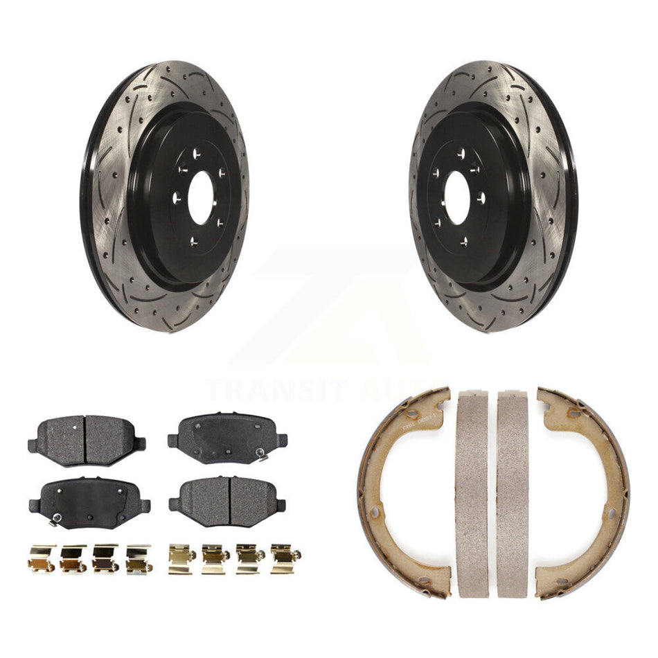 Rear Disc Drilled & Slotted Rotors Ceramic Pads Parking Brake Shoes Kit For Lincoln MKT KDT-101505