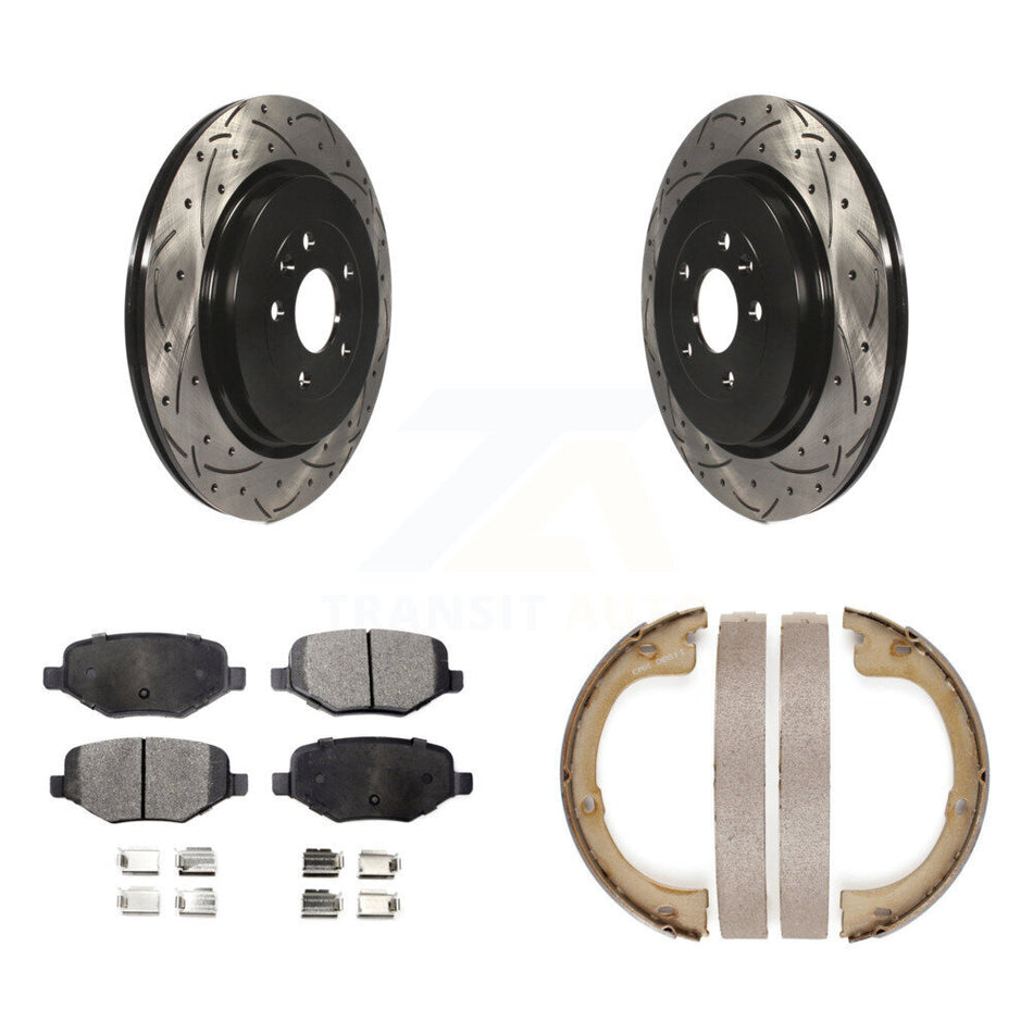 Rear Disc Drilled & Slotted Rotors Ceramic Pads Parking Brake Shoes Kit For Lincoln MKT KDT-101507