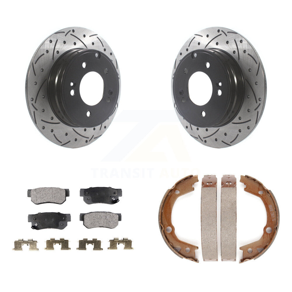 Rear Disc Drilled & Slotted Rotors Ceramic Pads Parking Shoes Kit For Hyundai Sonata 3.3L KDT-101510