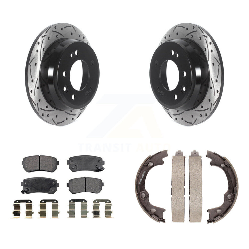 Rear Disc Drilled & Slotted Rotors Ceramic Pads And Parking Shoes Kit For Hyundai Tucson KDT-101511