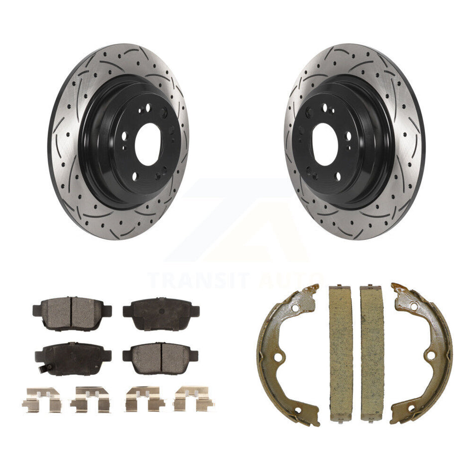 Rear Disc Drilled & Slotted Rotors Ceramic Pads Parking Shoes Kit For 2009-2014 Acura TL KDT-101513