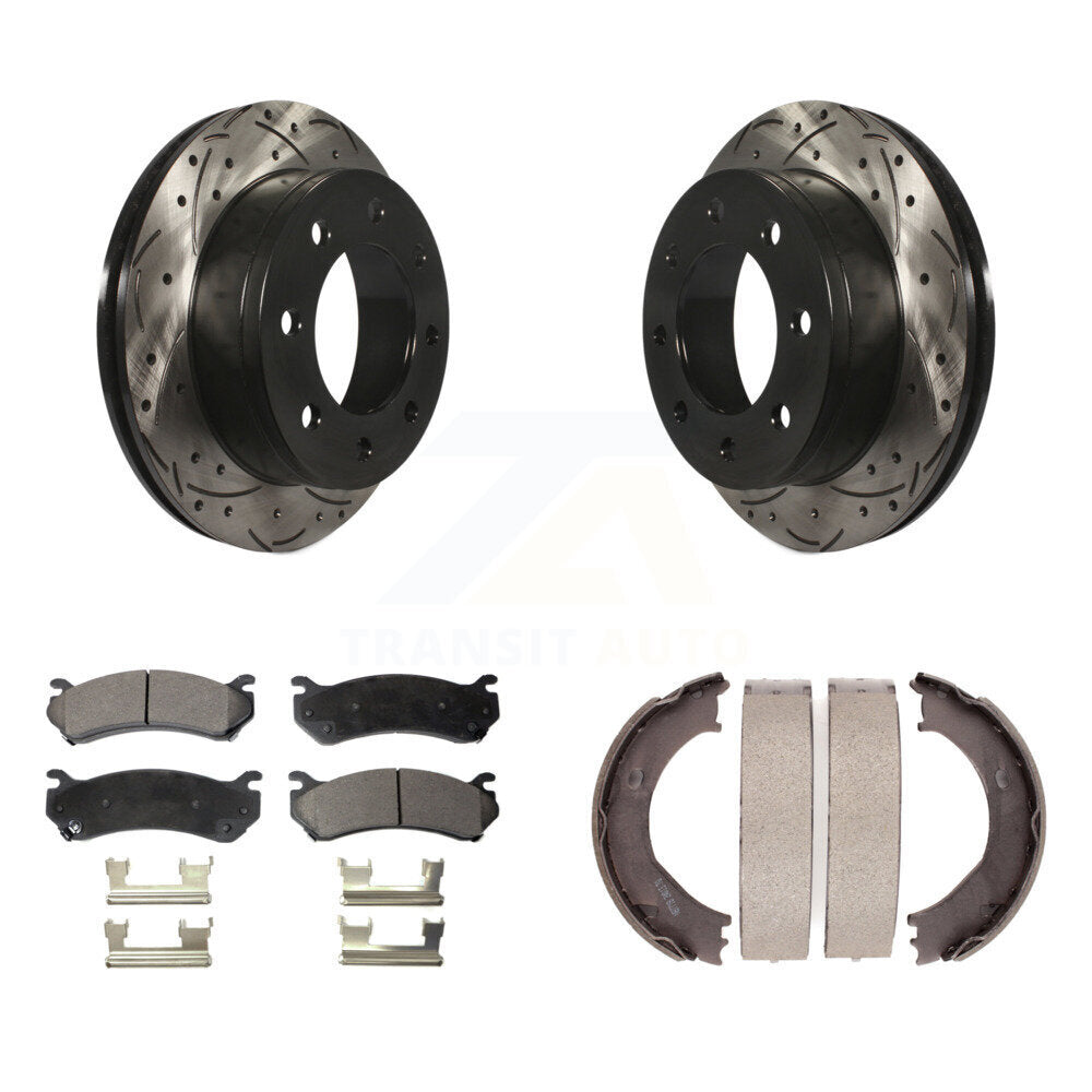 Rear Disc Drilled & Slotted Rotors Ceramic Pads Parking Shoes Kit For Chevrolet Silverado KDT-101519