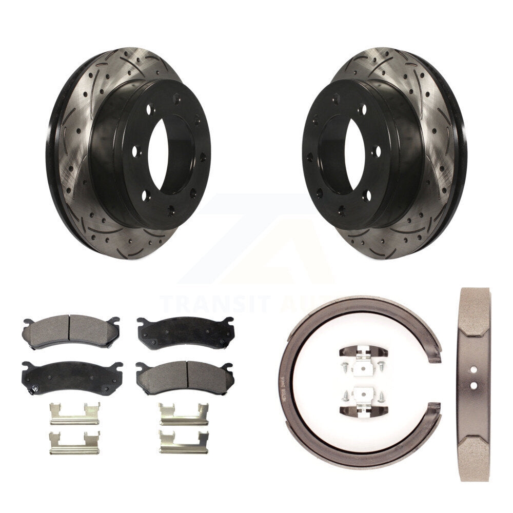 Rear Disc Drilled & Slotted Rotors Ceramic Pads Parking Shoes Kit For GMC Chevrolet 1500 KDT-101520