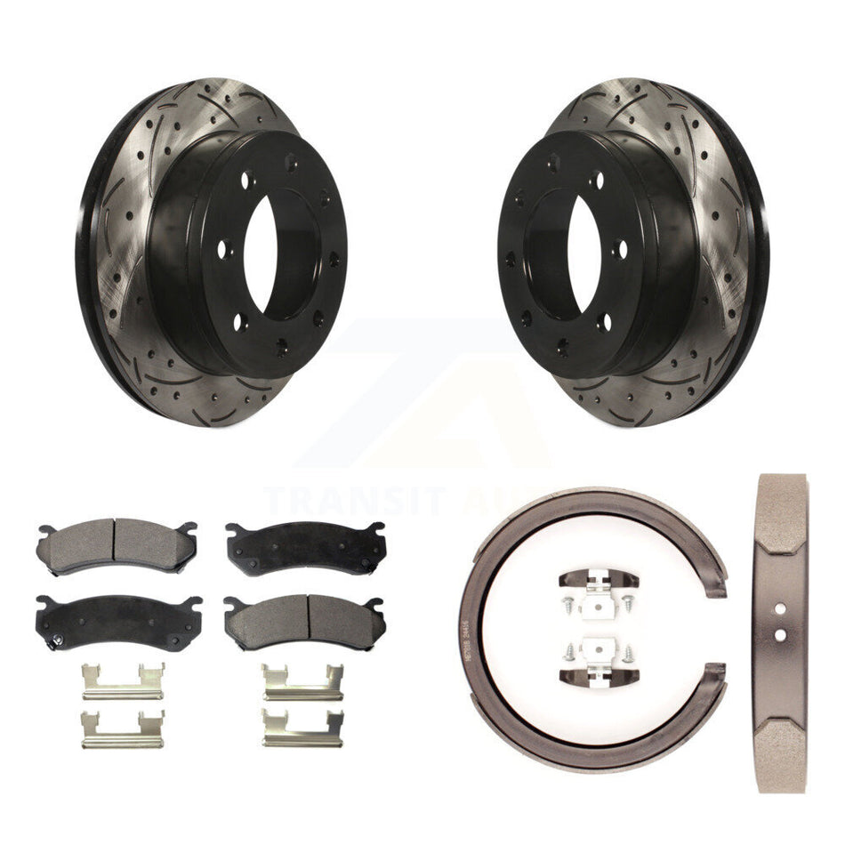 Rear Disc Drilled & Slotted Rotors Ceramic Pads Parking Shoes Kit For GMC Chevrolet 1500 KDT-101520