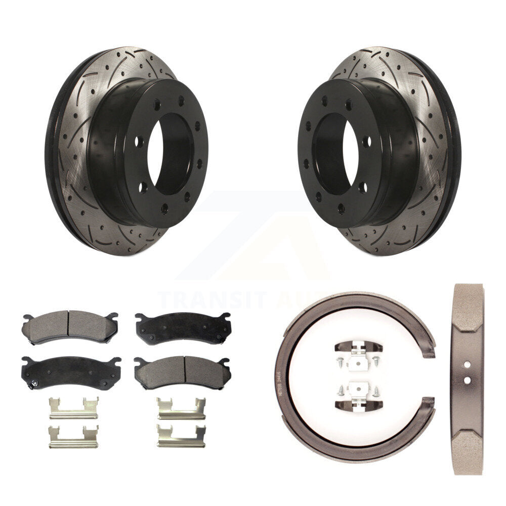 Rear Disc Drilled & Slotted Rotors Ceramic Pads Parking Shoes Kit For GMC Sierra 2500 XL KDT-101521