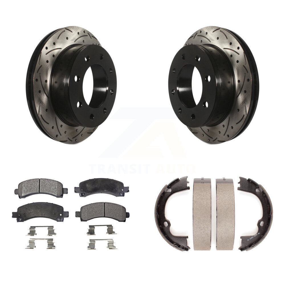 Rear Disc Drilled & Slotted Rotors Ceramic Pads Parking Shoes Kit For Chevrolet GMC 2500 KDT-101525