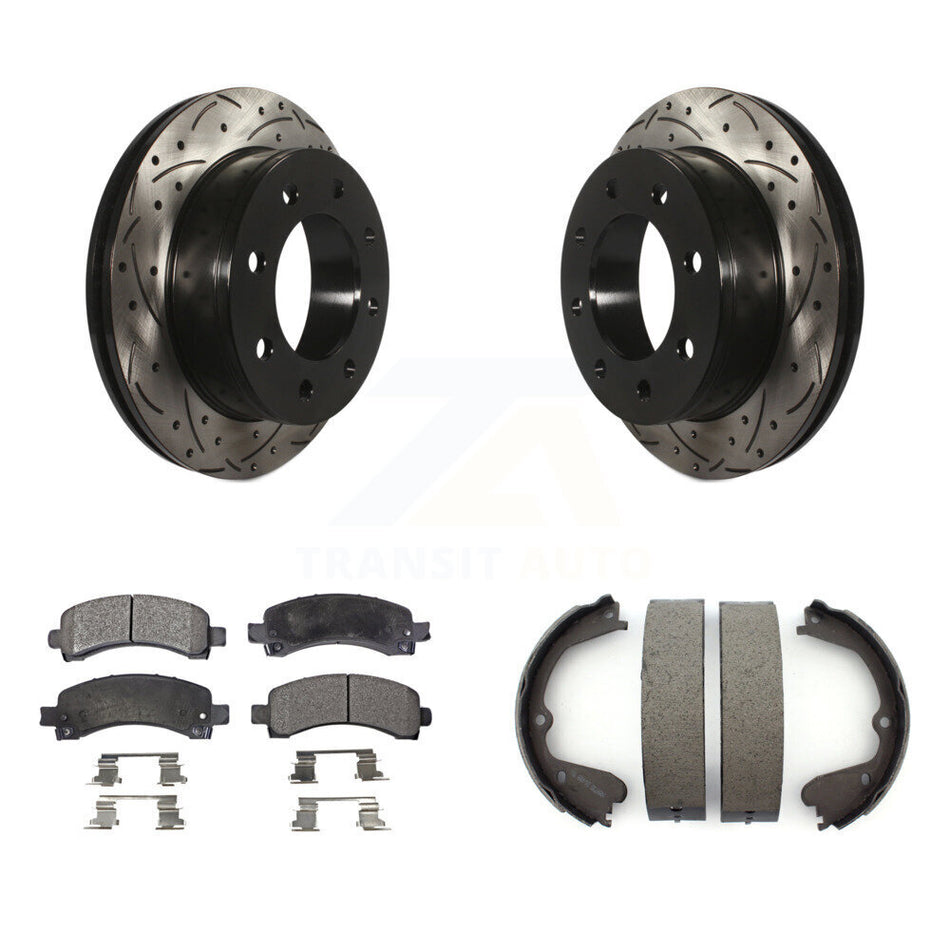 Rear Disc Drilled & Slotted Rotors Ceramic Pads And Parking Shoes Kit For GMC Savana 3500 KDT-101527