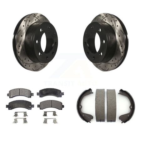 Rear Disc Drilled & Slotted Rotors Ceramic Pads And Parking Shoes Kit For GMC Savana 3500 KDT-101528