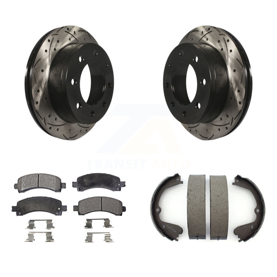 Rear Disc Drilled & Slotted Rotors Ceramic Pads And Parking Shoes Kit For GMC Savana 3500 KDT-101528