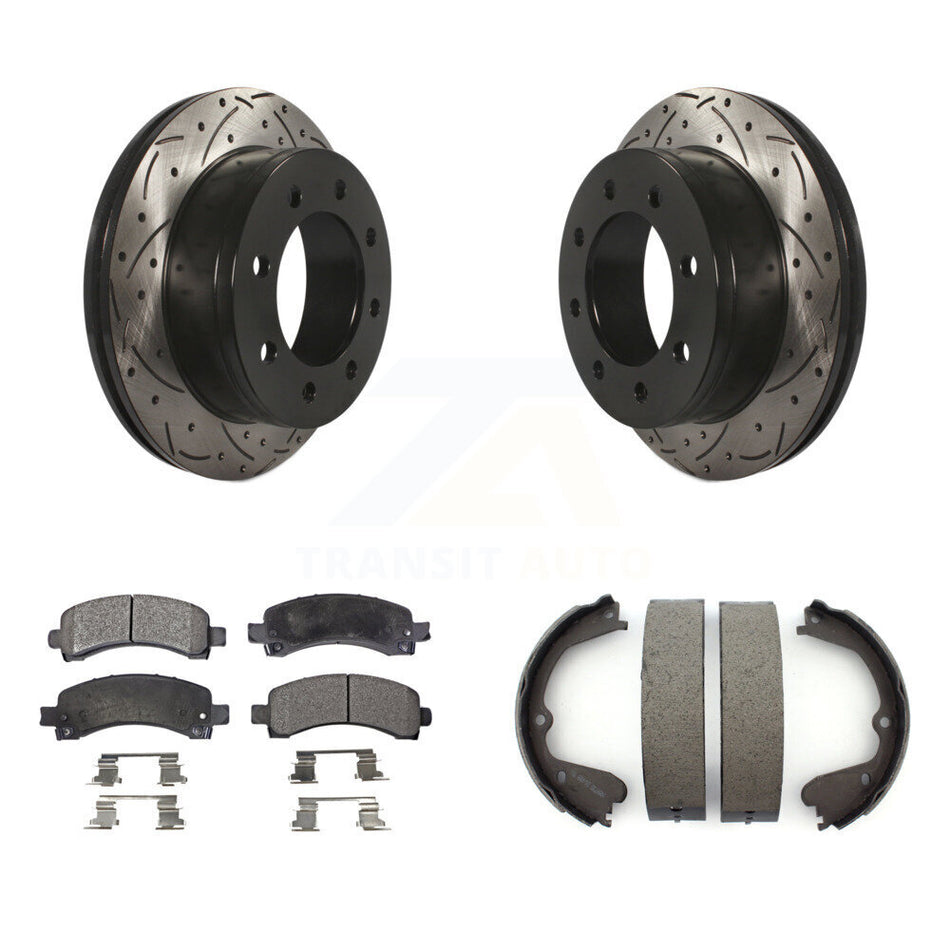 Rear Disc Drilled & Slotted Rotors Ceramic Pads And Parking Shoes Kit For GMC Savana 3500 KDT-101529