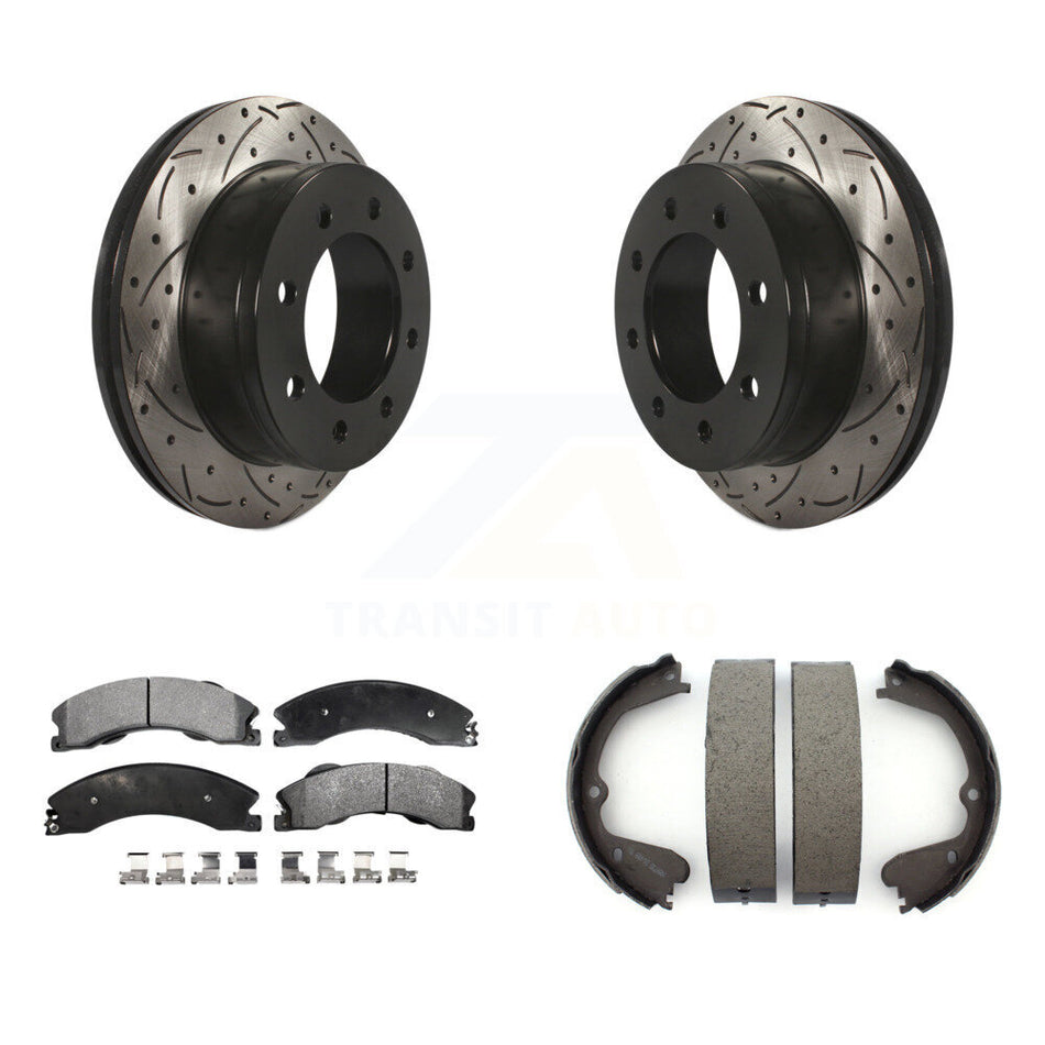 Rear Disc Drilled & Slotted Rotors Ceramic Pads And Parking Brake Shoes Kit For KDT-101530