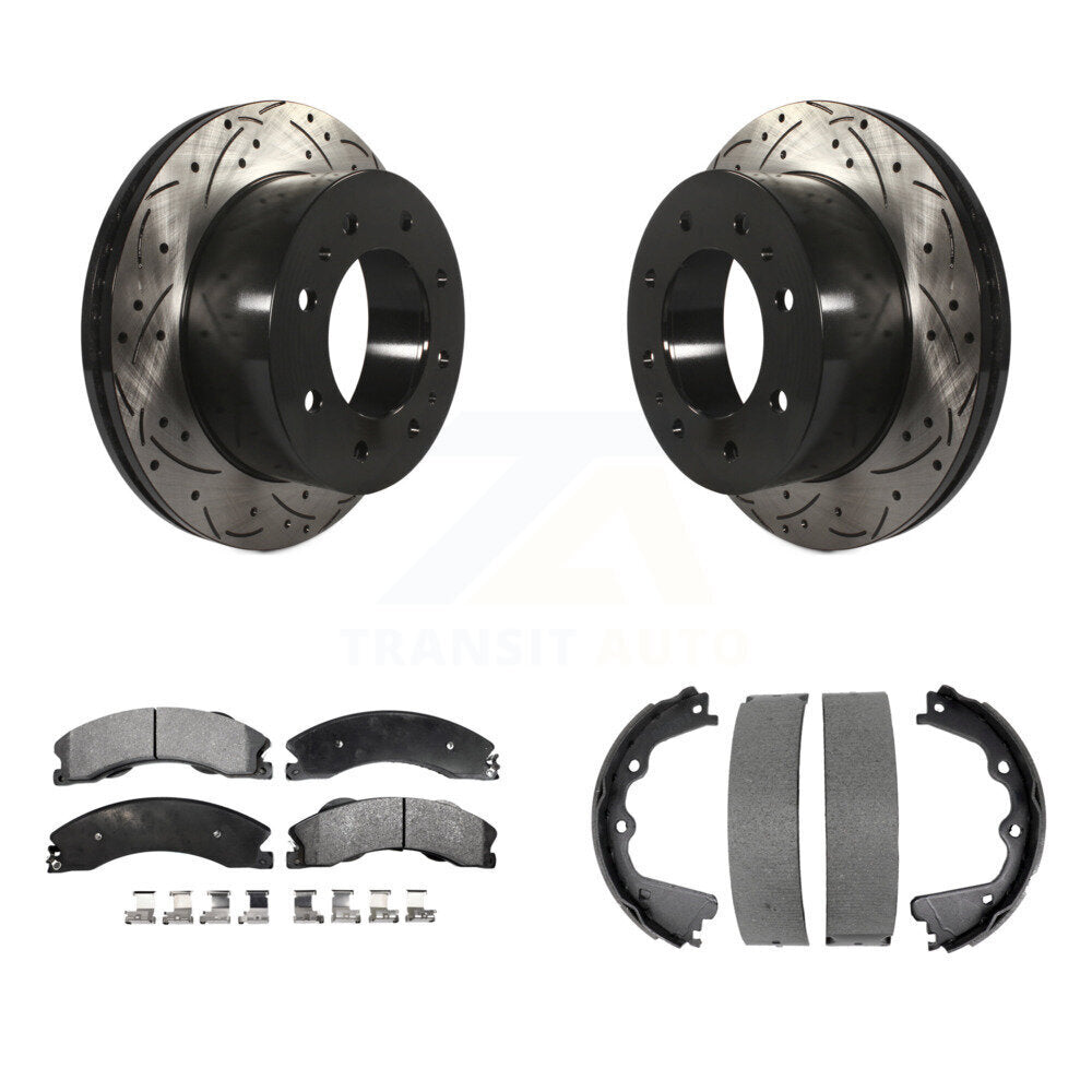 Rear Disc Drilled & Slotted Rotors Ceramic Pads Parking Shoes Kit For GMC Sierra 2500 HD KDT-101531