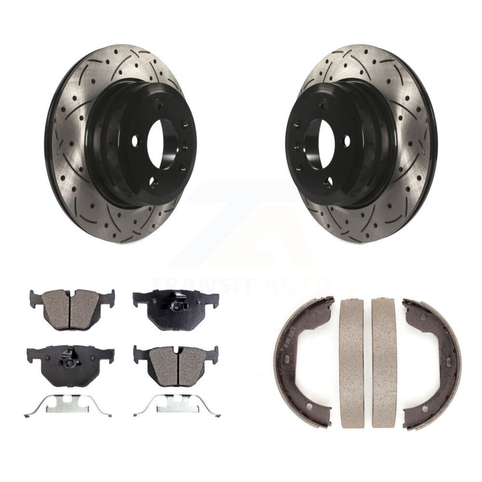 Rear Disc Drilled & Slotted Rotors Ceramic Pads And Parking Brake Shoes Kit For BMW X5 X6 KDT-101536