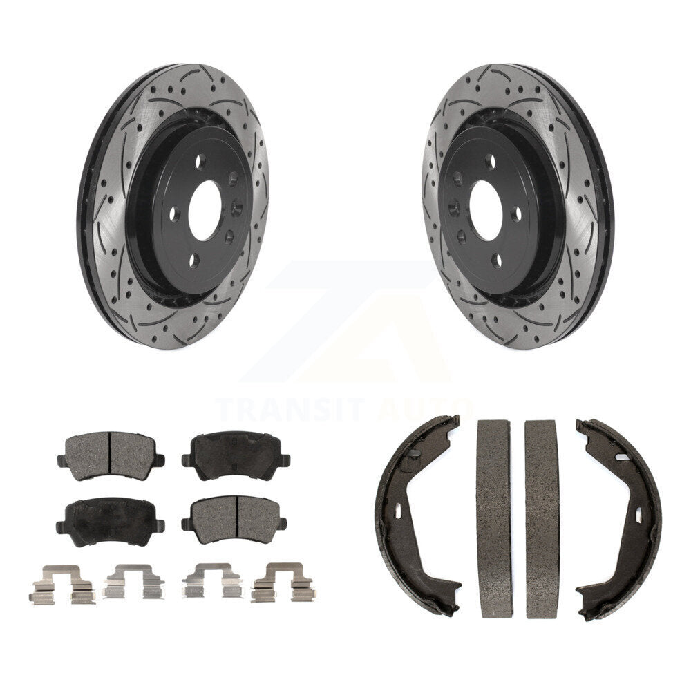 Rear Disc Drilled & Slotted Rotors Ceramic Pads Parking Shoes Kit For 07-09 Volvo S80 AWD KDT-101541